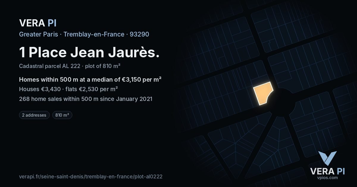 1 Place Jean Jaurès, Tremblay-en-France at night – the plot lit, the parcels around coloured by the prices near them
