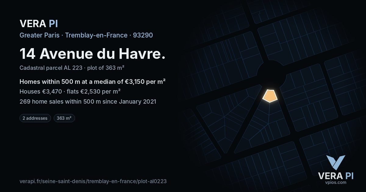 14 Avenue du Havre, Tremblay-en-France at night – the plot lit, the parcels around coloured by the prices near them