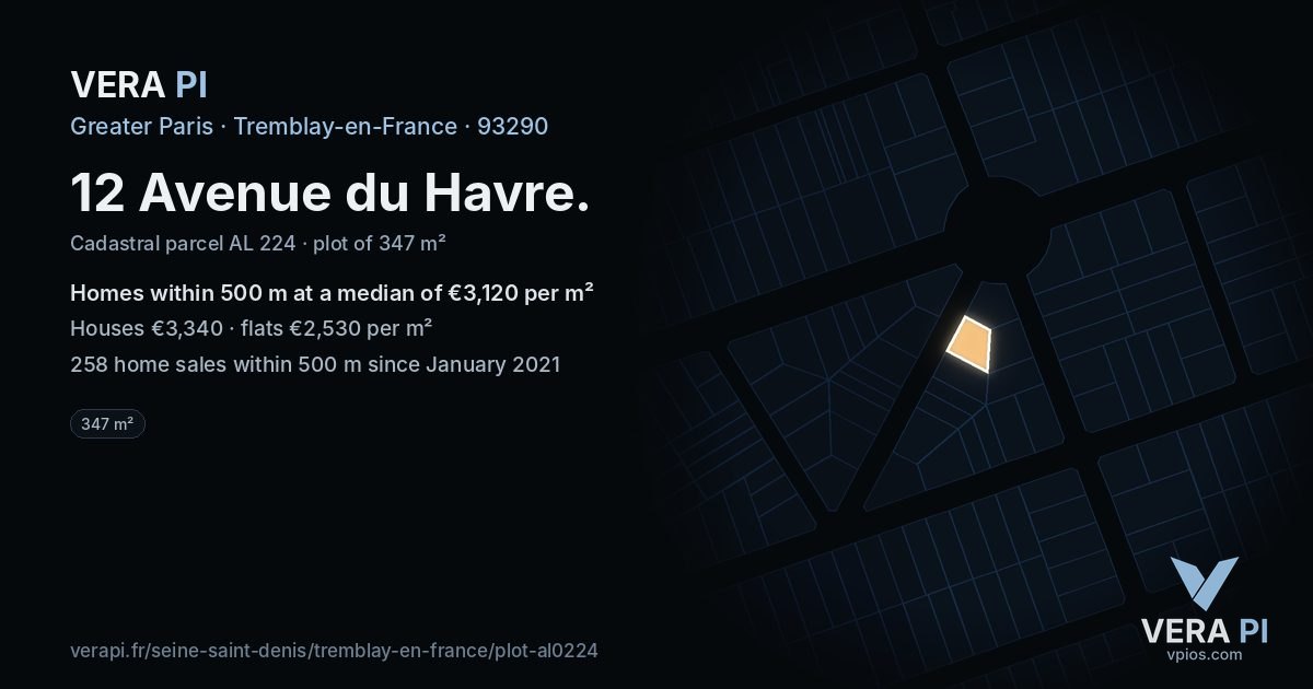 12 Avenue du Havre, Tremblay-en-France at night – the plot lit, the parcels around coloured by the prices near them
