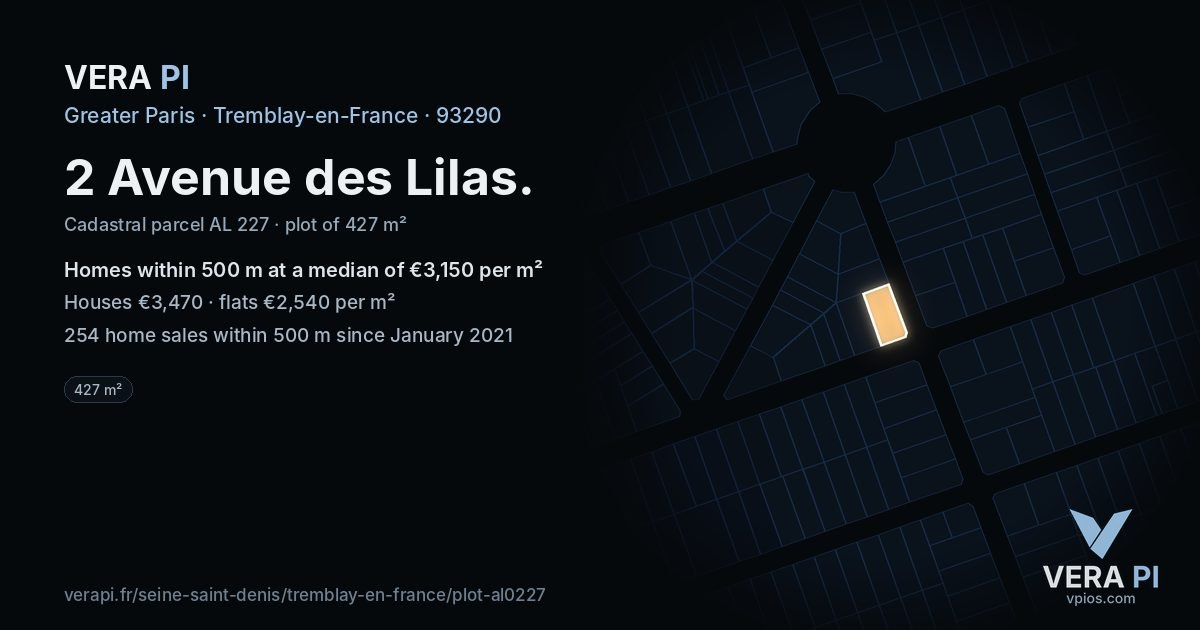 2 Avenue des Lilas, Tremblay-en-France at night – the plot lit, the parcels around coloured by the prices near them