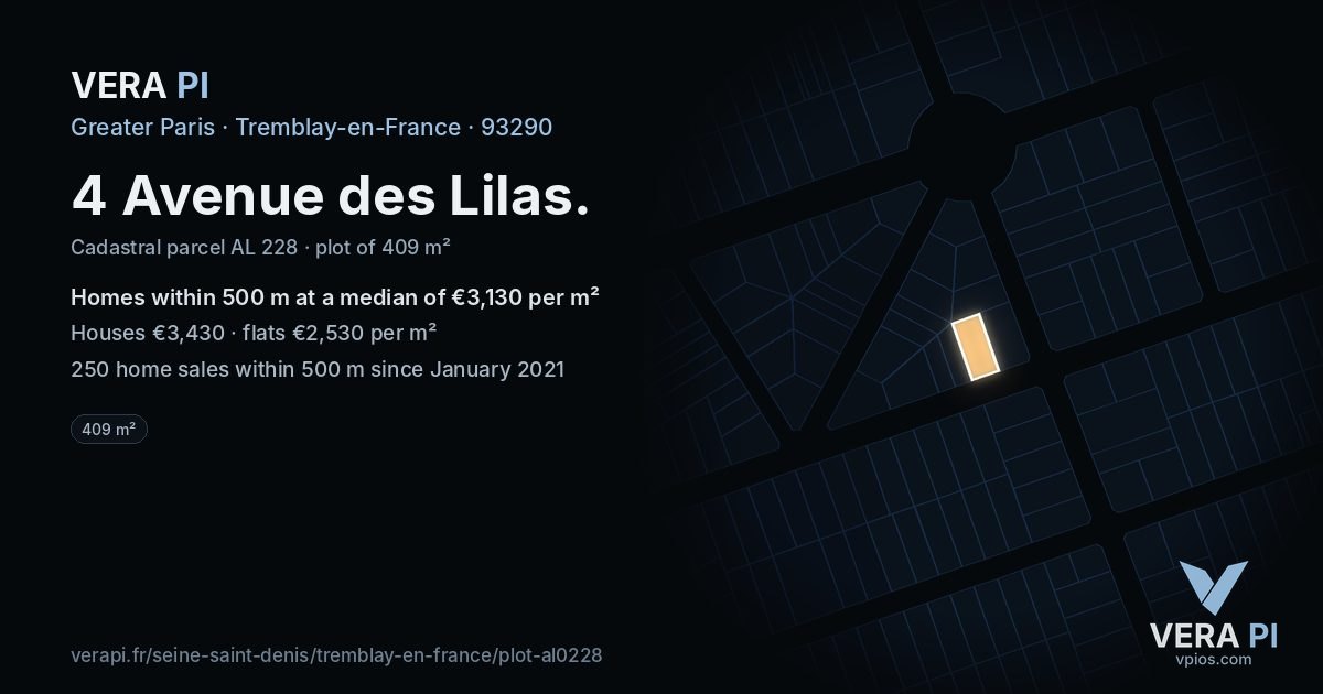 4 Avenue des Lilas, Tremblay-en-France at night – the plot lit, the parcels around coloured by the prices near them