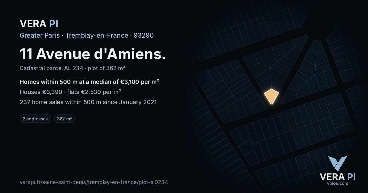 11 Avenue d'Amiens, Tremblay-en-France at night – the plot lit, the parcels around coloured by the prices near them