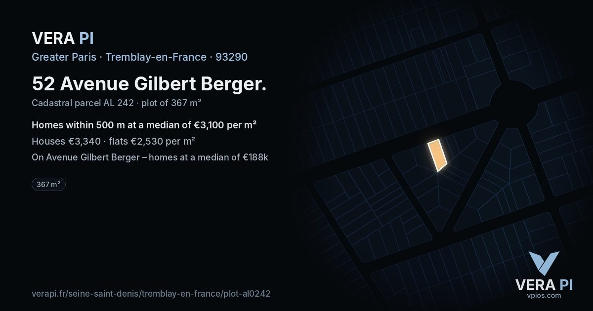 52 Avenue Gilbert Berger, Tremblay-en-France at night – the plot lit, the parcels around coloured by the prices near them