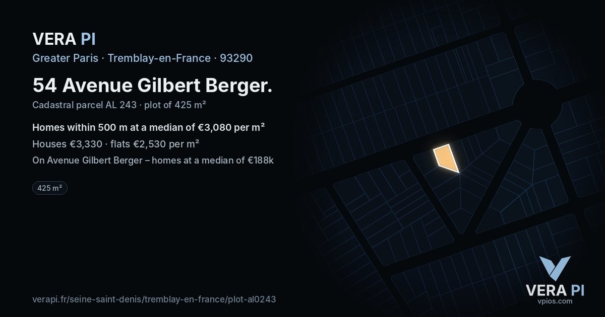 54 Avenue Gilbert Berger, Tremblay-en-France at night – the plot lit, the parcels around coloured by the prices near them
