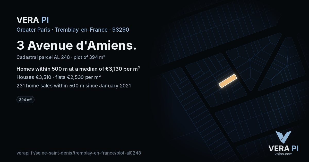 3 Avenue d'Amiens, Tremblay-en-France at night – the plot lit, the parcels around coloured by the prices near them