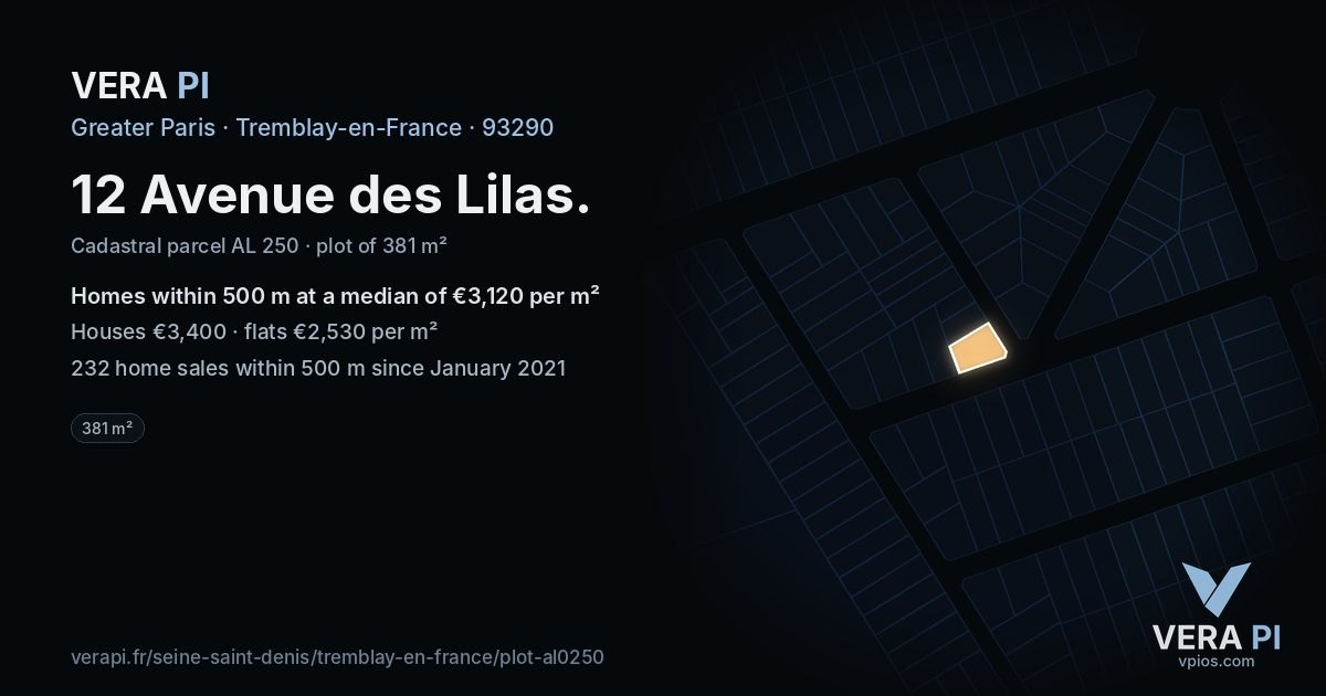 12 Avenue des Lilas, Tremblay-en-France at night – the plot lit, the parcels around coloured by the prices near them