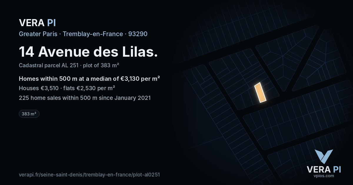 14 Avenue des Lilas, Tremblay-en-France at night – the plot lit, the parcels around coloured by the prices near them