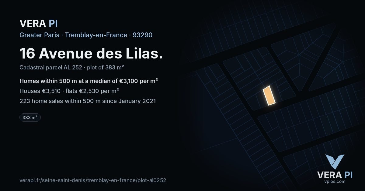 16 Avenue des Lilas, Tremblay-en-France at night – the plot lit, the parcels around coloured by the prices near them