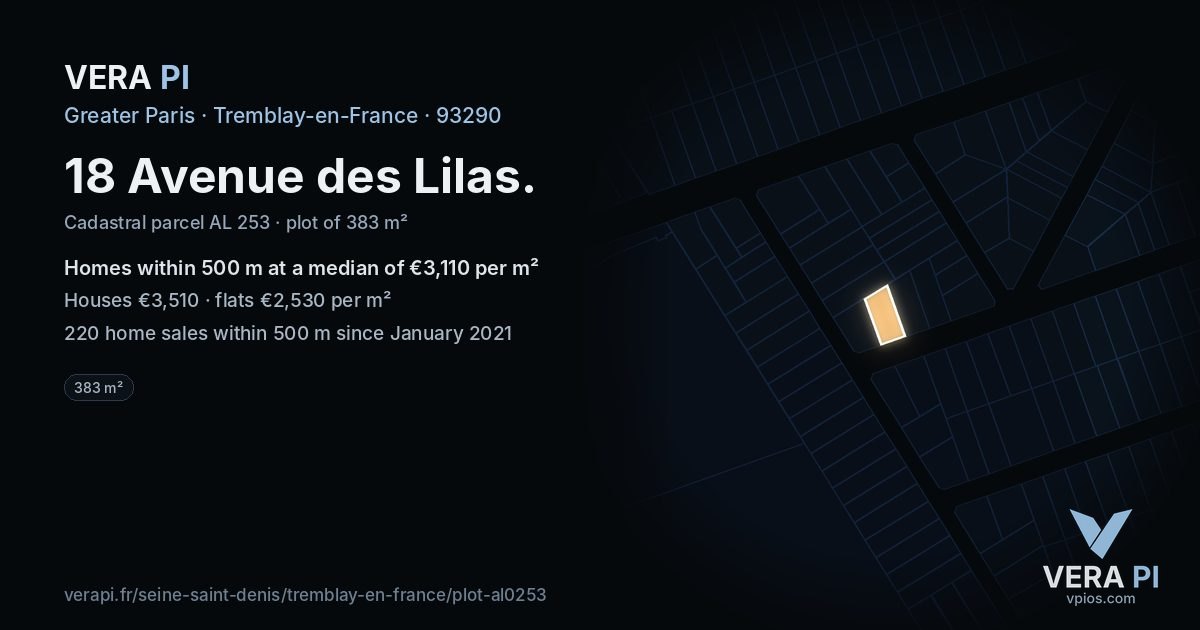 18 Avenue des Lilas, Tremblay-en-France at night – the plot lit, the parcels around coloured by the prices near them