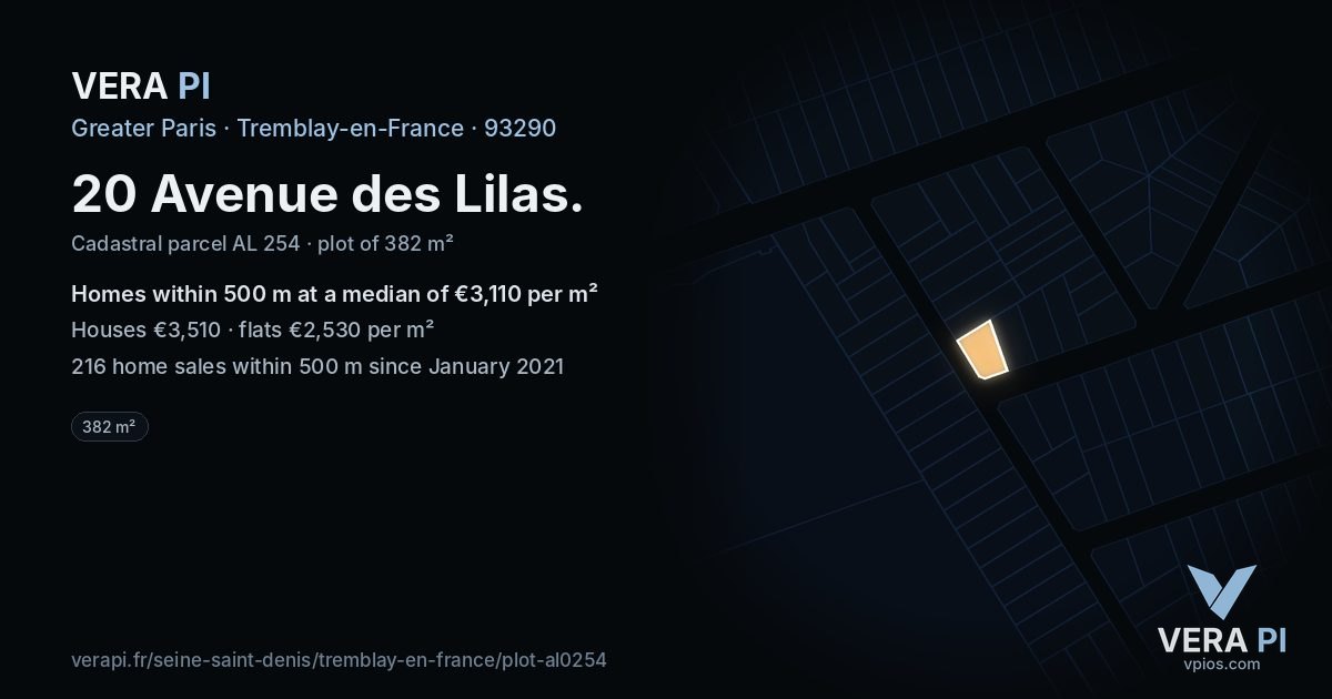 20 Avenue des Lilas, Tremblay-en-France at night – the plot lit, the parcels around coloured by the prices near them