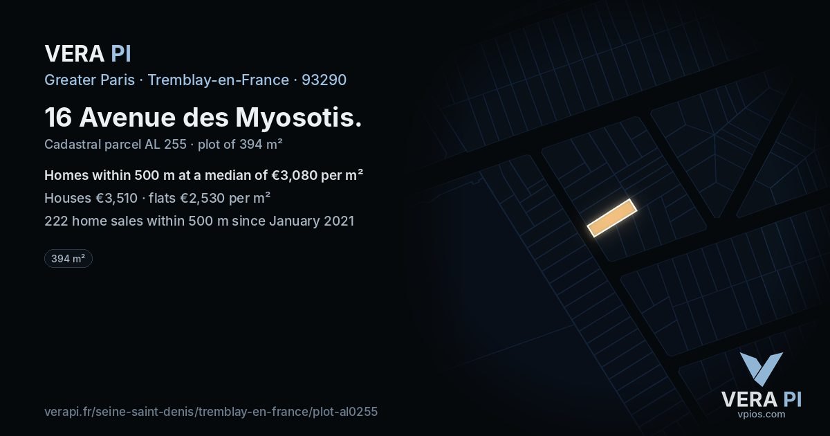 16 Avenue des Myosotis, Tremblay-en-France at night – the plot lit, the parcels around coloured by the prices near them