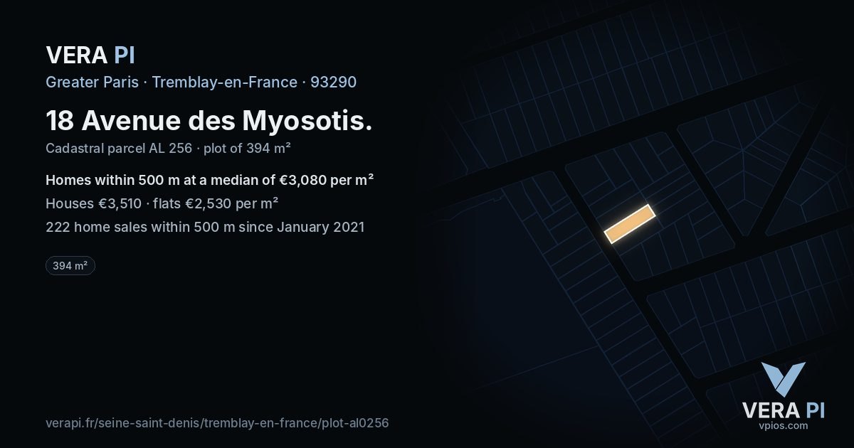 18 Avenue des Myosotis, Tremblay-en-France at night – the plot lit, the parcels around coloured by the prices near them
