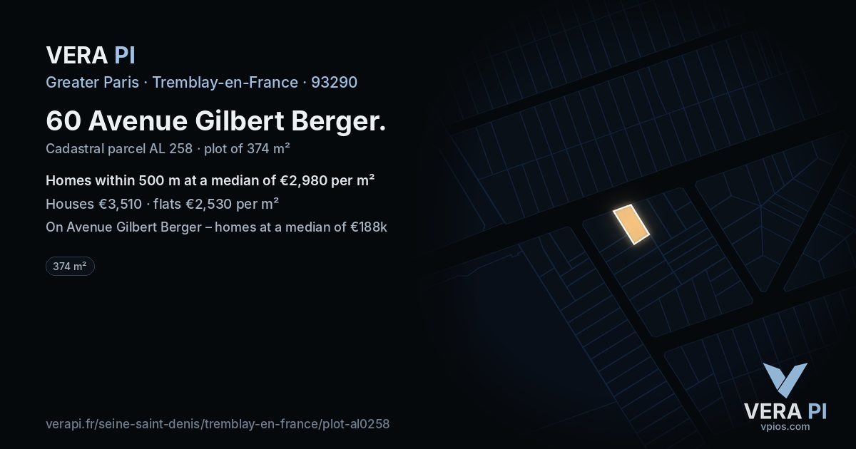 60 Avenue Gilbert Berger, Tremblay-en-France at night – the plot lit, the parcels around coloured by the prices near them