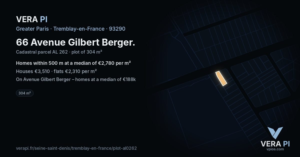 66 Avenue Gilbert Berger, Tremblay-en-France at night – the plot lit, the parcels around coloured by the prices near them
