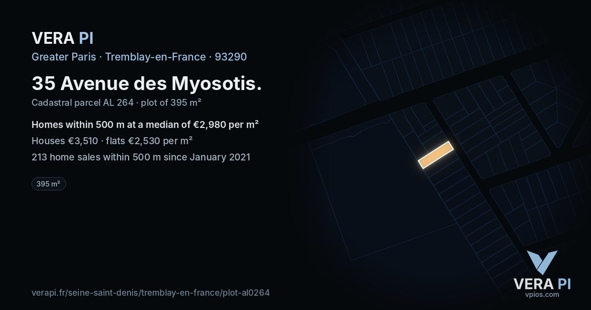 35 Avenue des Myosotis, Tremblay-en-France at night – the plot lit, the parcels around coloured by the prices near them
