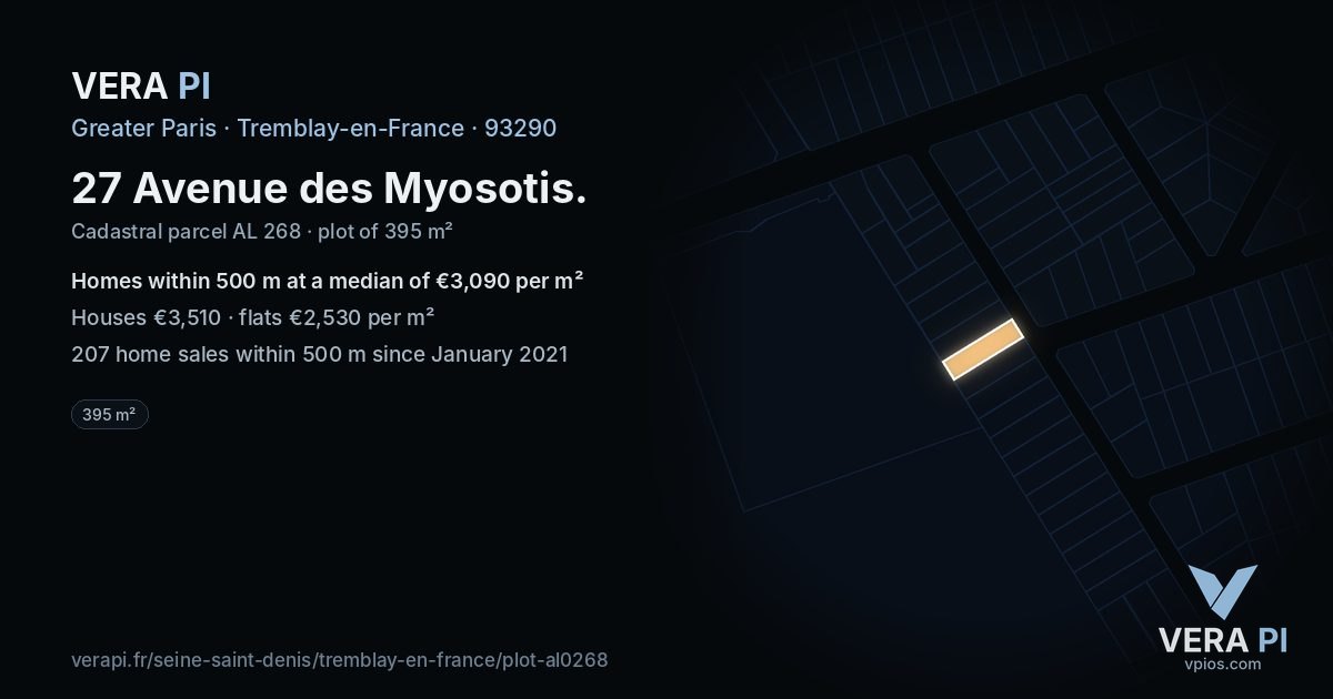 27 Avenue des Myosotis, Tremblay-en-France at night – the plot lit, the parcels around coloured by the prices near them