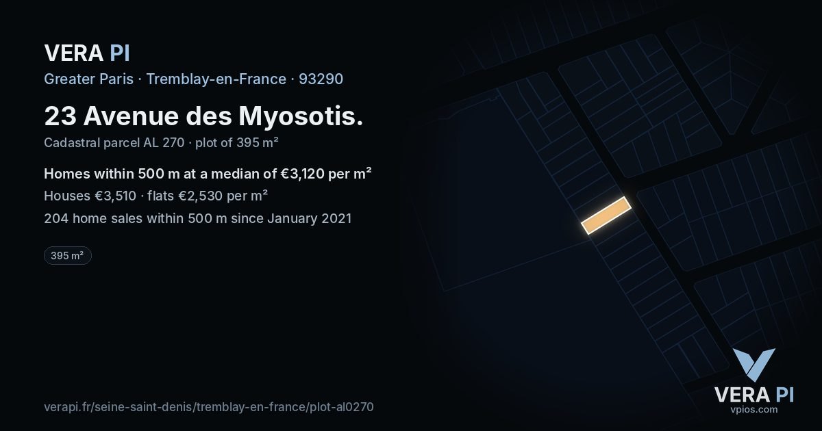 23 Avenue des Myosotis, Tremblay-en-France at night – the plot lit, the parcels around coloured by the prices near them