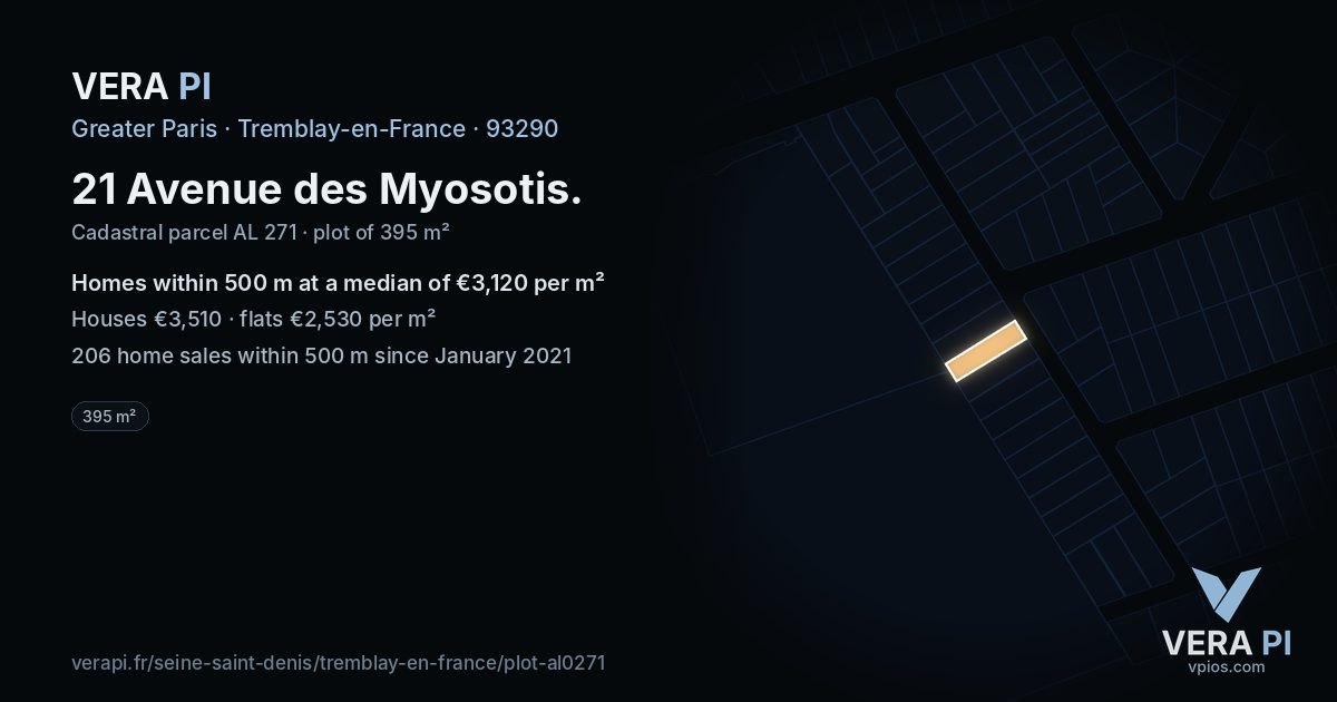 21 Avenue des Myosotis, Tremblay-en-France at night – the plot lit, the parcels around coloured by the prices near them