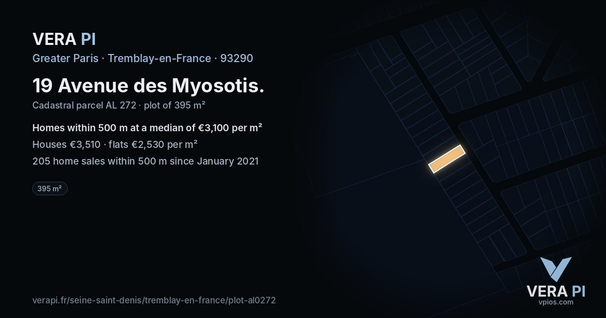 19 Avenue des Myosotis, Tremblay-en-France at night – the plot lit, the parcels around coloured by the prices near them