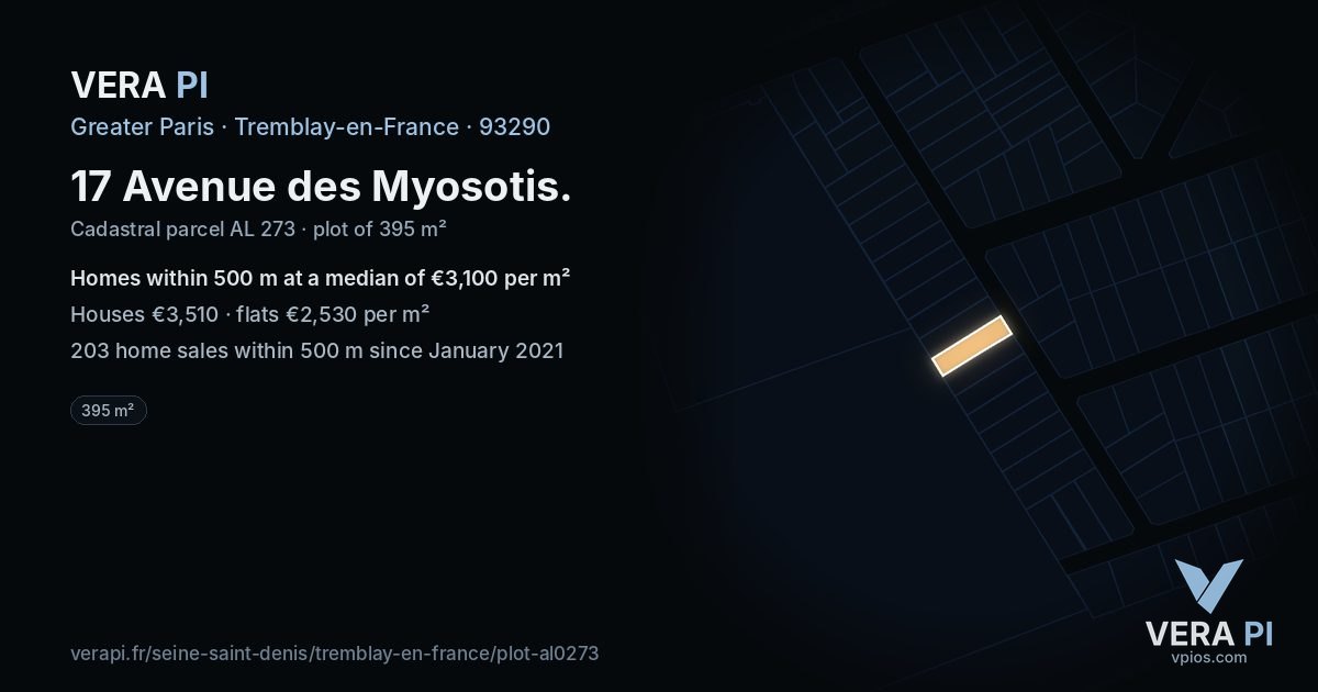 17 Avenue des Myosotis, Tremblay-en-France at night – the plot lit, the parcels around coloured by the prices near them