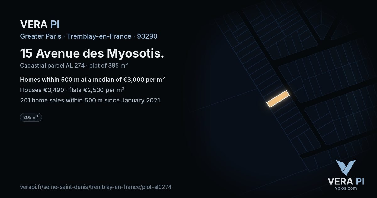 15 Avenue des Myosotis, Tremblay-en-France at night – the plot lit, the parcels around coloured by the prices near them