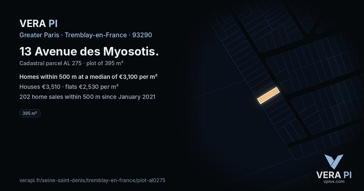 13 Avenue des Myosotis, Tremblay-en-France at night – the plot lit, the parcels around coloured by the prices near them