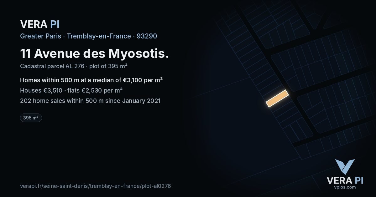 11 Avenue des Myosotis, Tremblay-en-France at night – the plot lit, the parcels around coloured by the prices near them