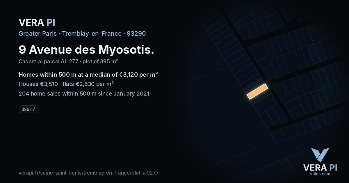 9 Avenue des Myosotis, Tremblay-en-France at night – the plot lit, the parcels around coloured by the prices near them
