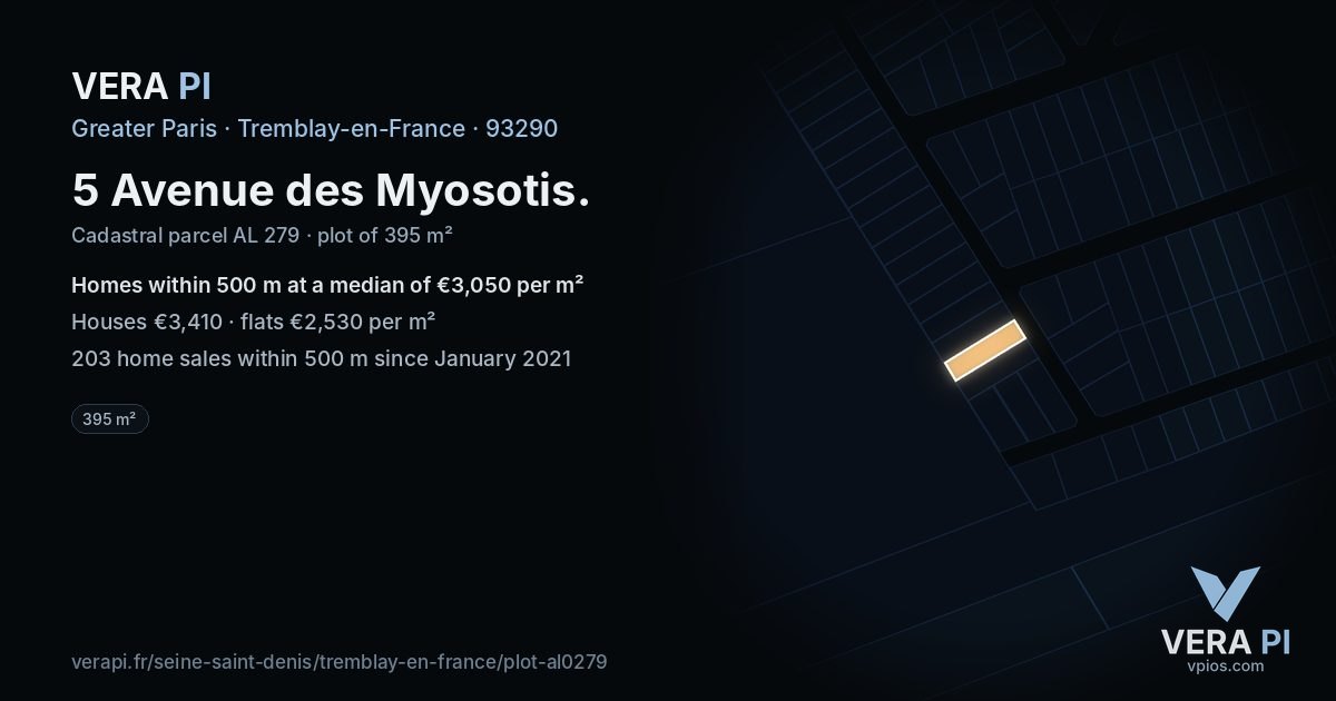 5 Avenue des Myosotis, Tremblay-en-France at night – the plot lit, the parcels around coloured by the prices near them