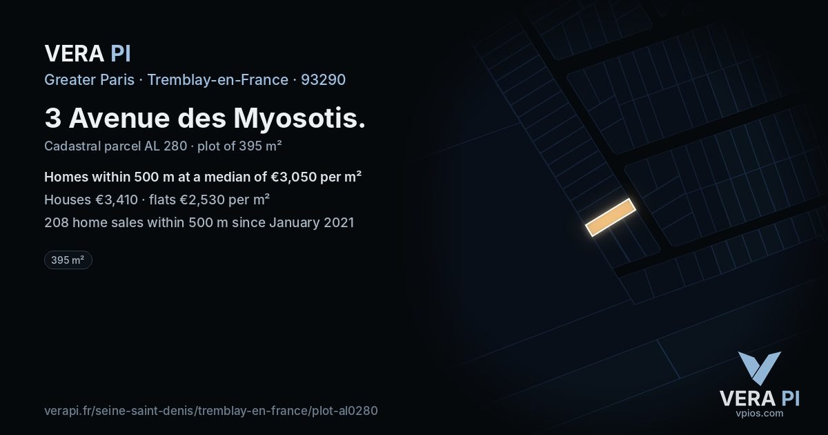 3 Avenue des Myosotis, Tremblay-en-France at night – the plot lit, the parcels around coloured by the prices near them