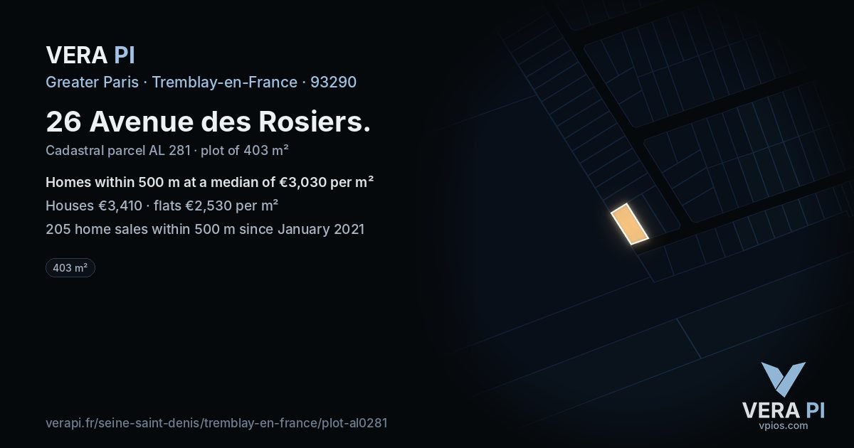 26 Avenue des Rosiers, Tremblay-en-France at night – the plot lit, the parcels around coloured by the prices near them