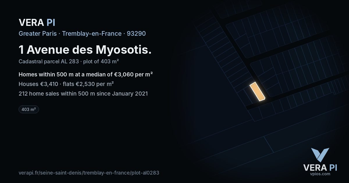 1 Avenue des Myosotis, Tremblay-en-France at night – the plot lit, the parcels around coloured by the prices near them
