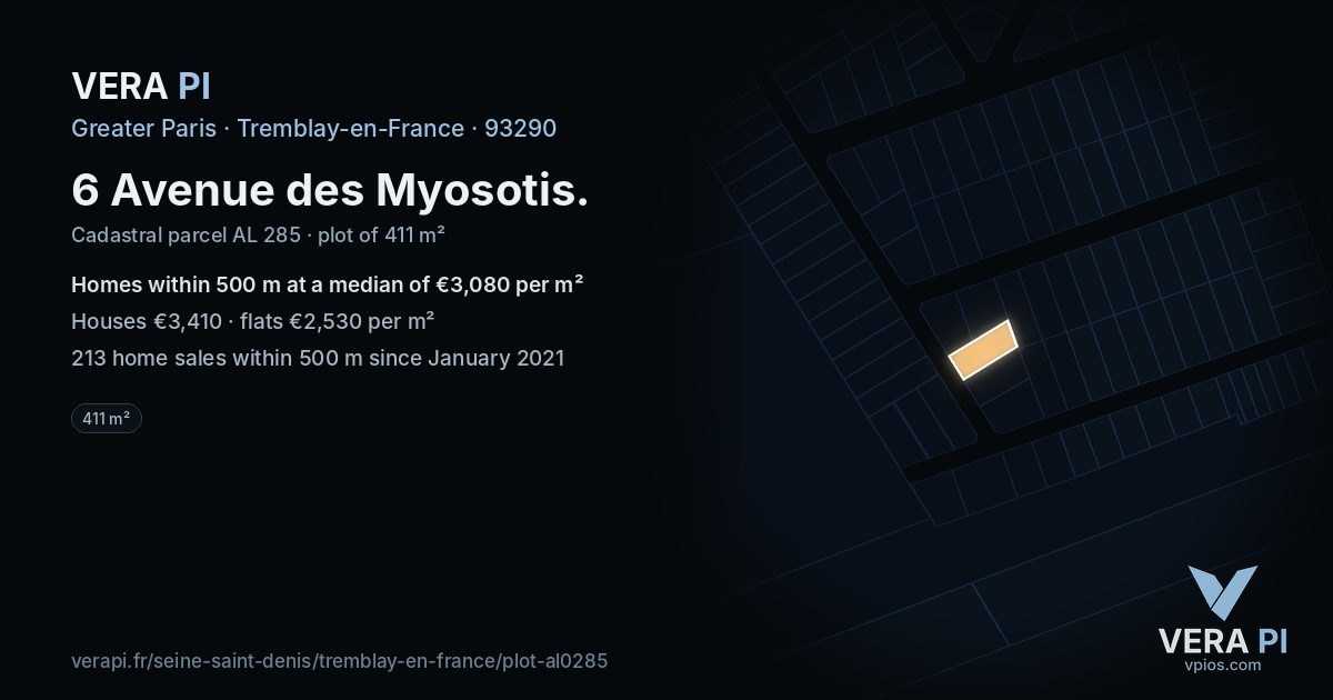 6 Avenue des Myosotis, Tremblay-en-France at night – the plot lit, the parcels around coloured by the prices near them