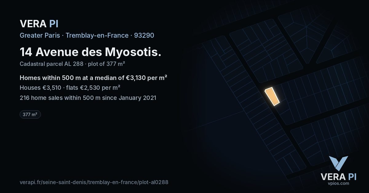 14 Avenue des Myosotis, Tremblay-en-France at night – the plot lit, the parcels around coloured by the prices near them