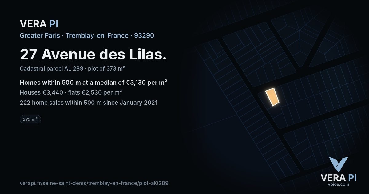27 Avenue des Lilas, Tremblay-en-France at night – the plot lit, the parcels around coloured by the prices near them