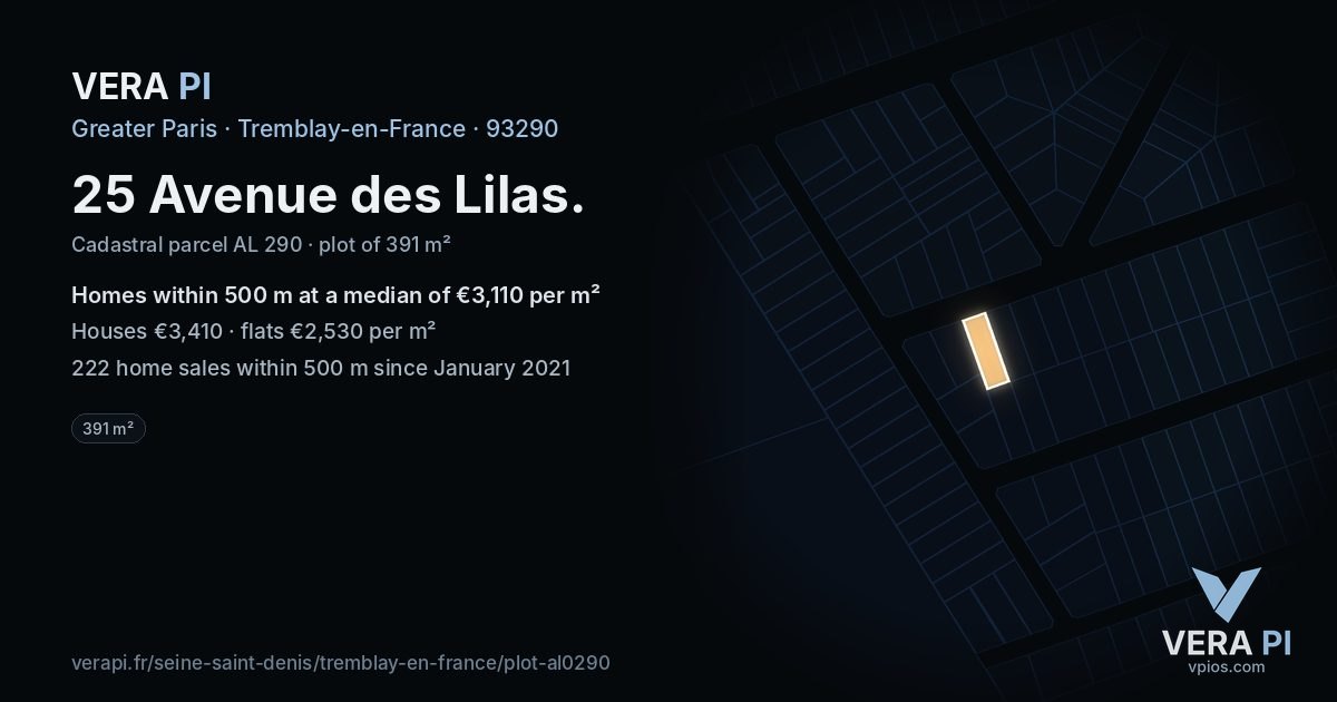 25 Avenue des Lilas, Tremblay-en-France at night – the plot lit, the parcels around coloured by the prices near them