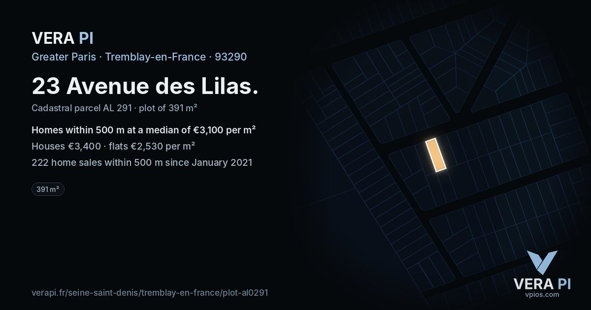 23 Avenue des Lilas, Tremblay-en-France at night – the plot lit, the parcels around coloured by the prices near them