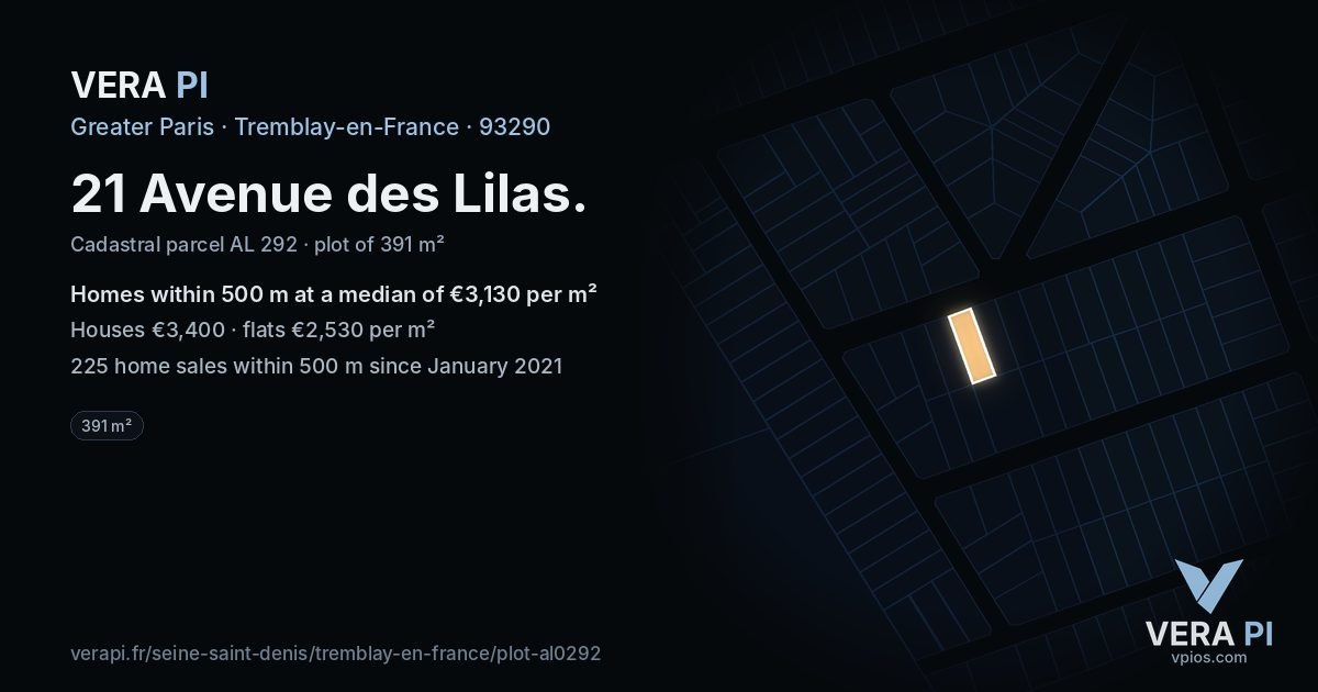 21 Avenue des Lilas, Tremblay-en-France at night – the plot lit, the parcels around coloured by the prices near them