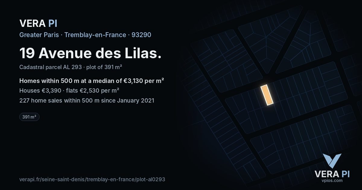19 Avenue des Lilas, Tremblay-en-France at night – the plot lit, the parcels around coloured by the prices near them