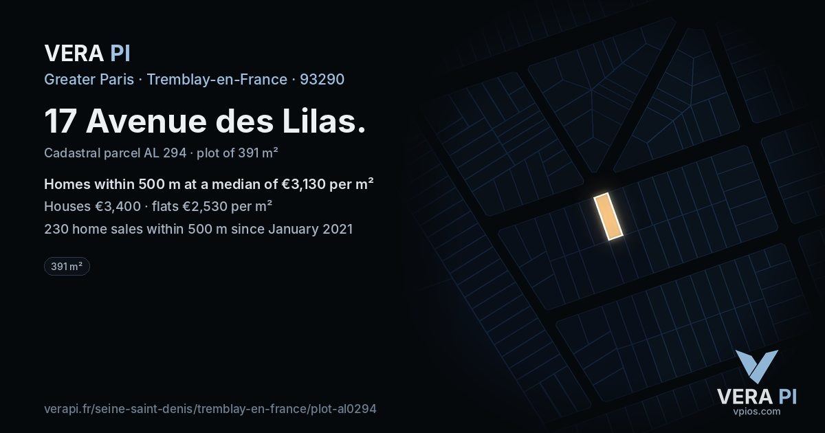 17 Avenue des Lilas, Tremblay-en-France at night – the plot lit, the parcels around coloured by the prices near them