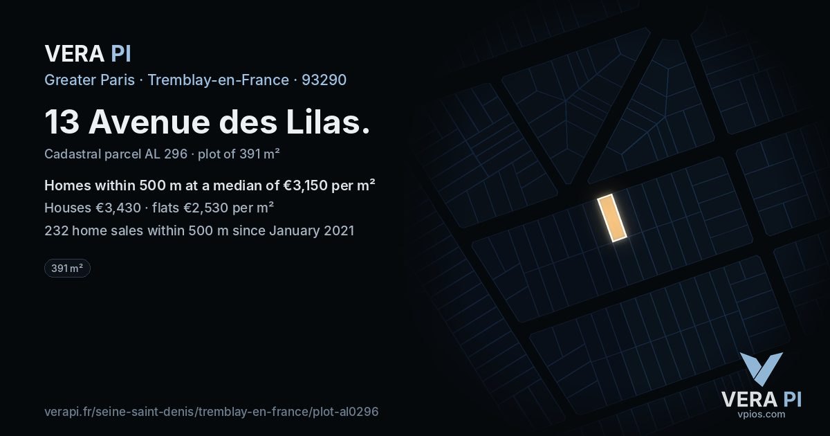 13 Avenue des Lilas, Tremblay-en-France at night – the plot lit, the parcels around coloured by the prices near them