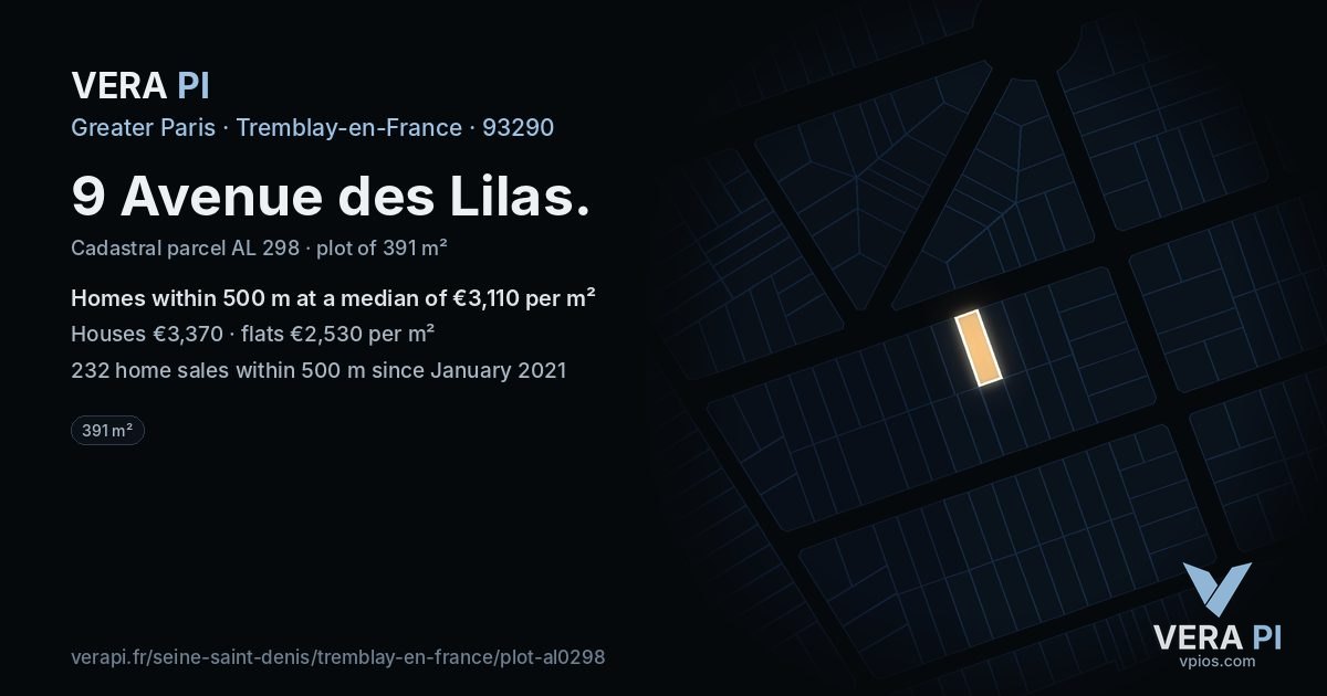 9 Avenue des Lilas, Tremblay-en-France at night – the plot lit, the parcels around coloured by the prices near them