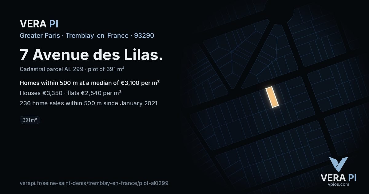 7 Avenue des Lilas, Tremblay-en-France at night – the plot lit, the parcels around coloured by the prices near them