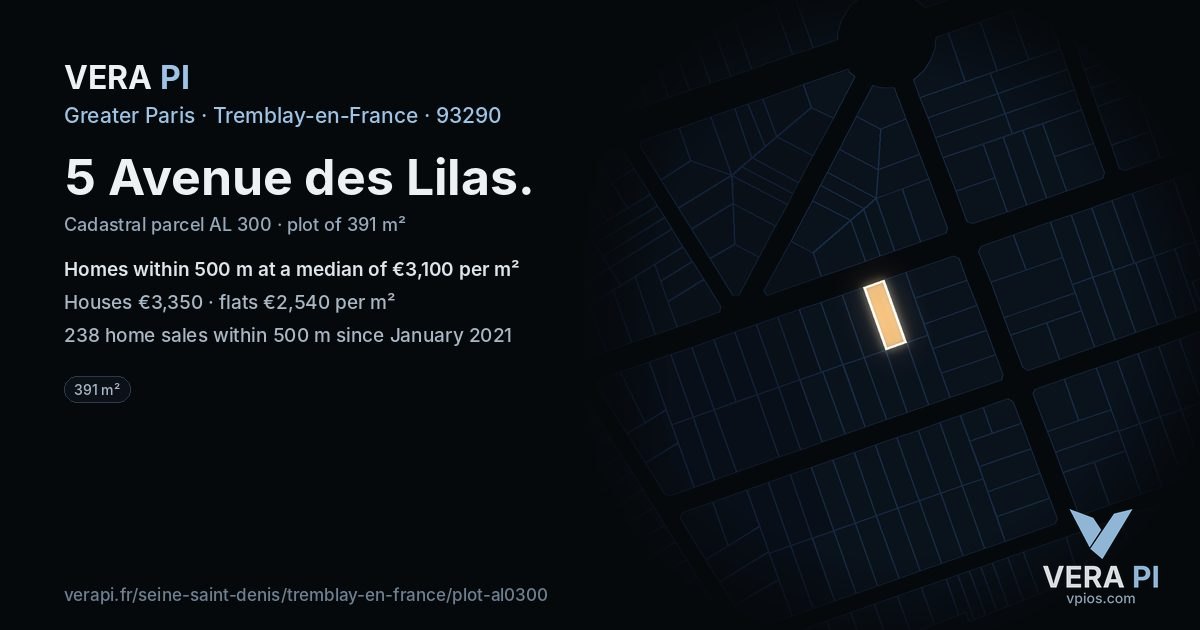 5 Avenue des Lilas, Tremblay-en-France at night – the plot lit, the parcels around coloured by the prices near them
