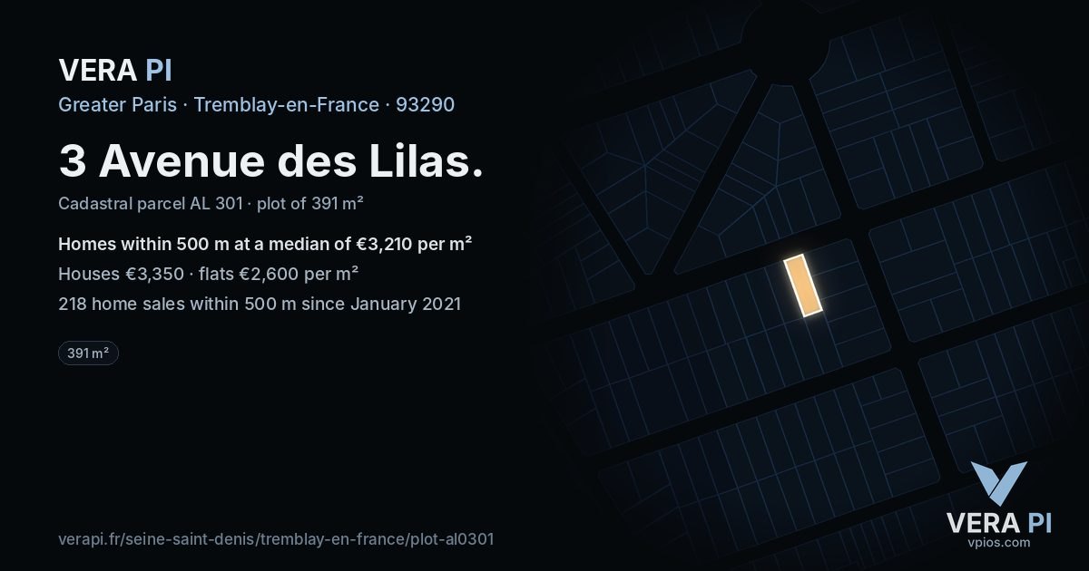 3 Avenue des Lilas, Tremblay-en-France at night – the plot lit, the parcels around coloured by the prices near them