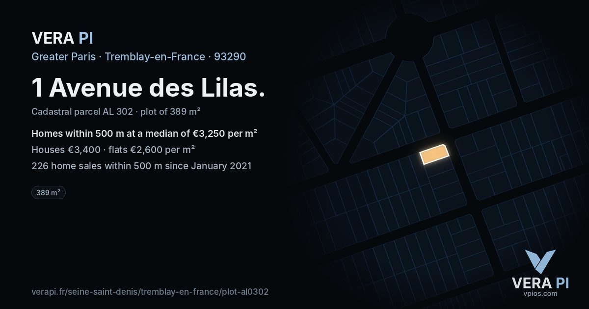 1 Avenue des Lilas, Tremblay-en-France at night – the plot lit, the parcels around coloured by the prices near them