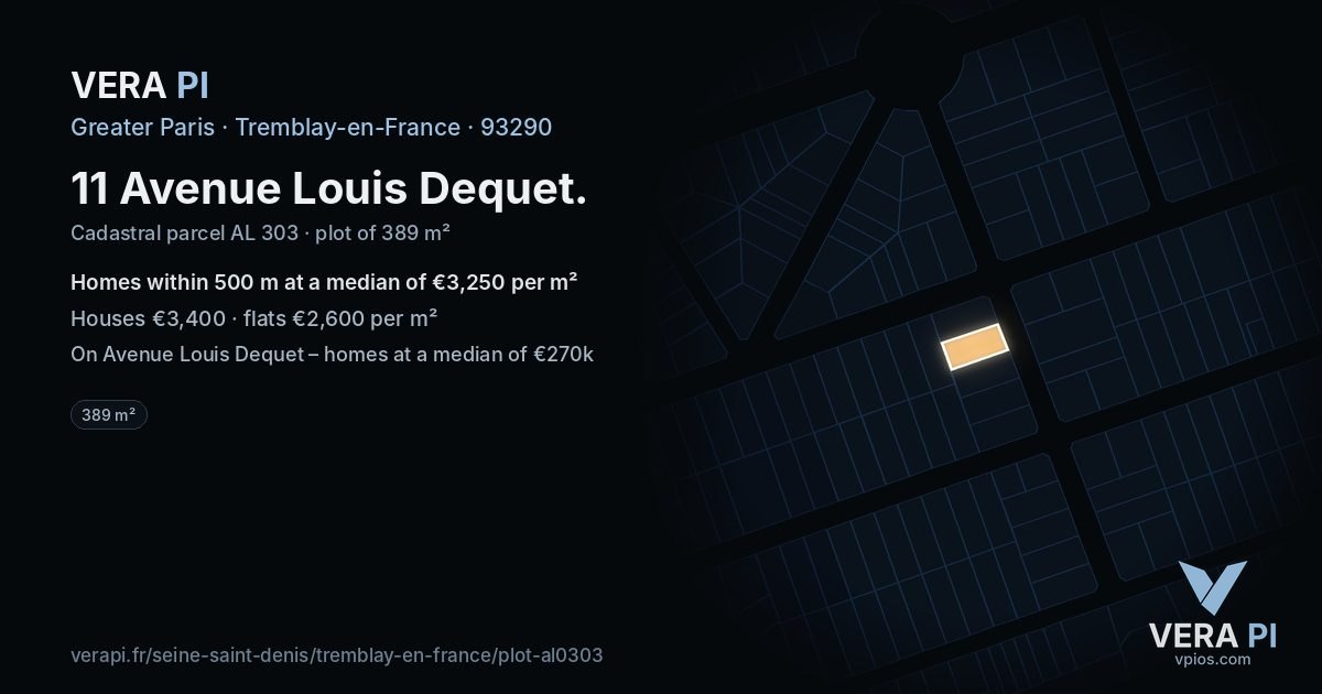 11 Avenue Louis Dequet, Tremblay-en-France at night – the plot lit, the parcels around coloured by the prices near them