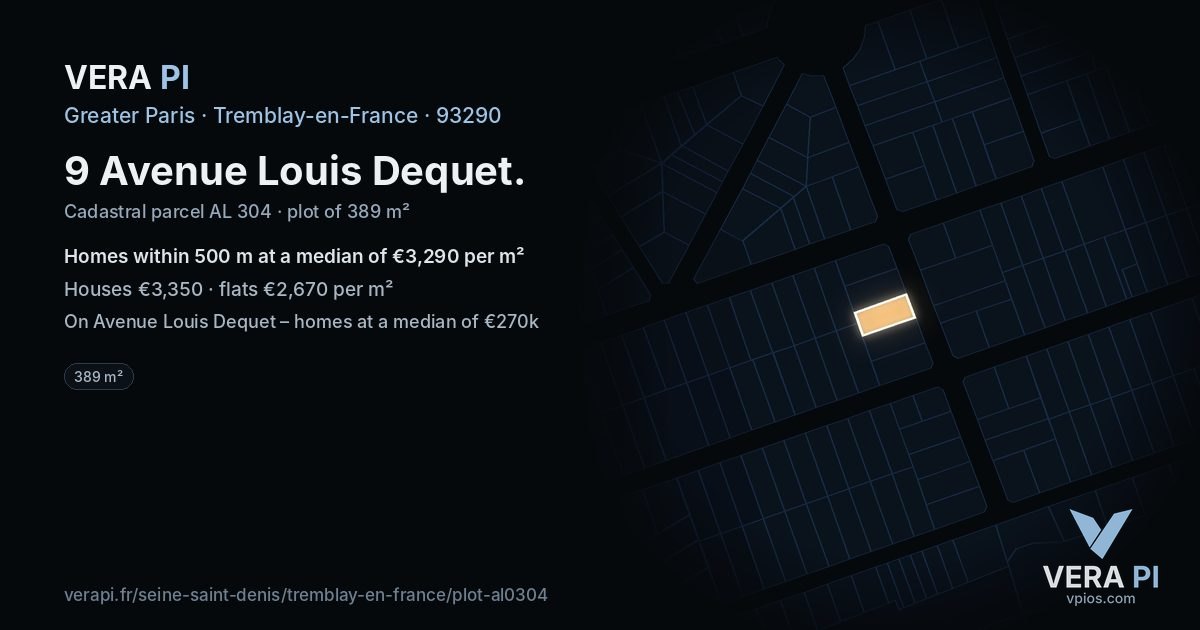 9 Avenue Louis Dequet, Tremblay-en-France at night – the plot lit, the parcels around coloured by the prices near them
