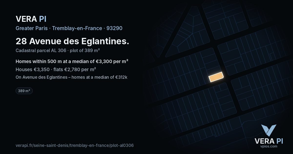 28 Avenue des Eglantines, Tremblay-en-France at night – the plot lit, the parcels around coloured by the prices near them