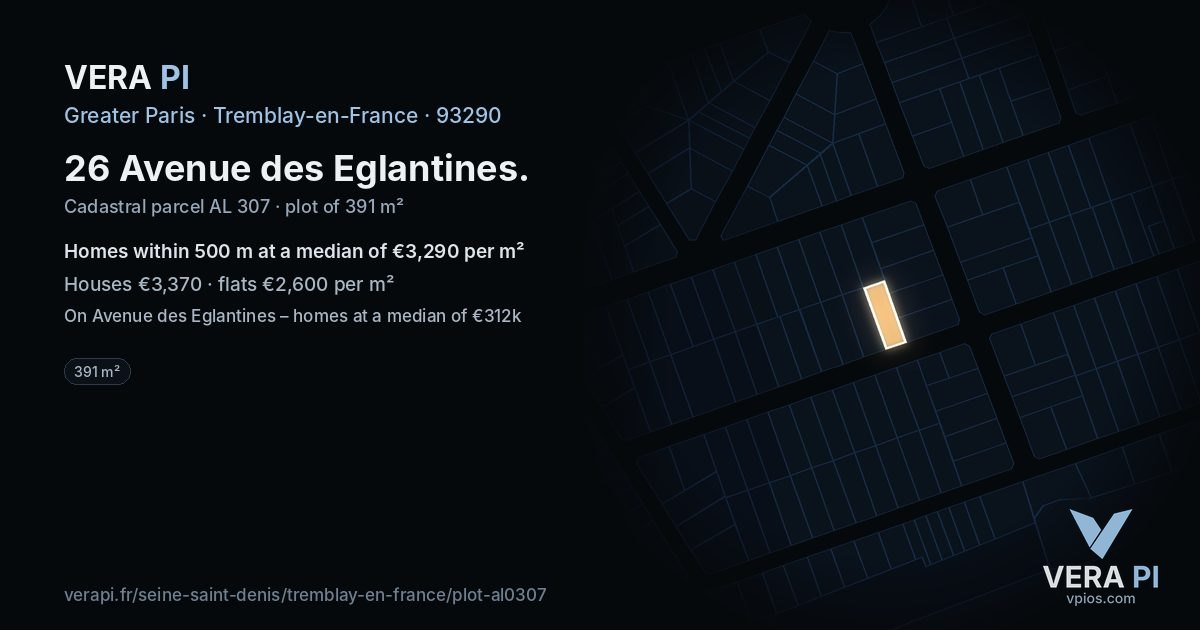 26 Avenue des Eglantines, Tremblay-en-France at night – the plot lit, the parcels around coloured by the prices near them